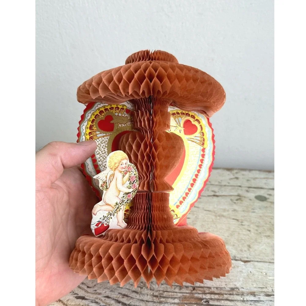Vintage 1928 Honeycomb Tissue Valentine Card 3D Cupid Cherub Heart 7in